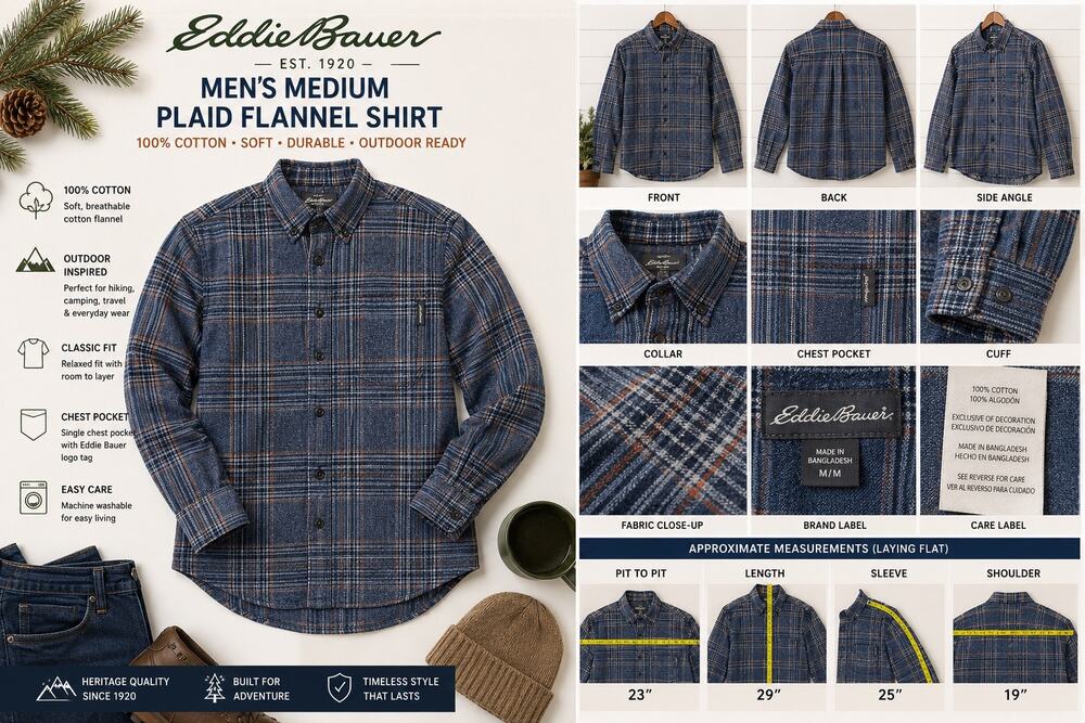 Eddie Bauer Mens M Blue Plaid 100% Cotton Flannel Button Down Shirt Outdoor Gorp